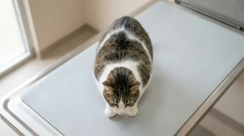 Vue de dessus d'un chat légèrement enrobé avec taille encore visible